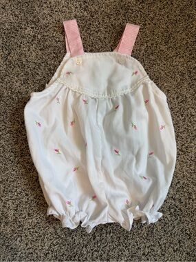 Vintage Baby Bubble Romper White Pink Rosebud Embroidered Bloomers 12-18M